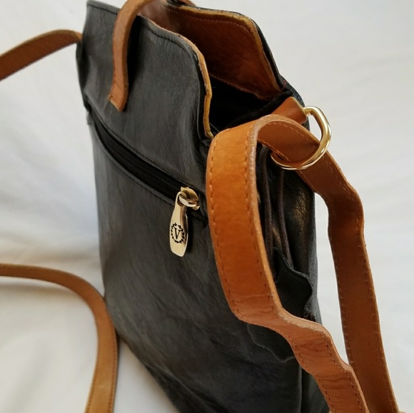 VTG Valentina/Italy Black/tan Leather Crossbod bag - Picture 6 of 8